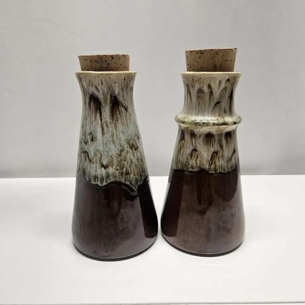 Brown Drip Pottery Oil And Vinegar Container Set Decanter Vintage MCM